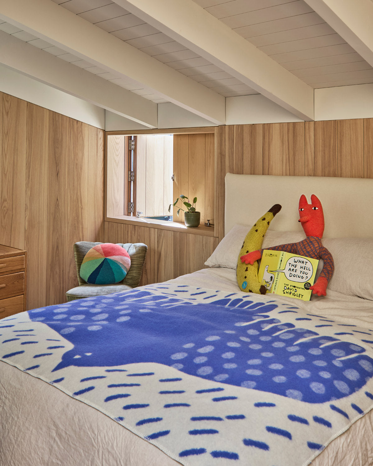 Donna Wilson Lambswool Mini Giant, Banana Cushion and Bluebird Blanket