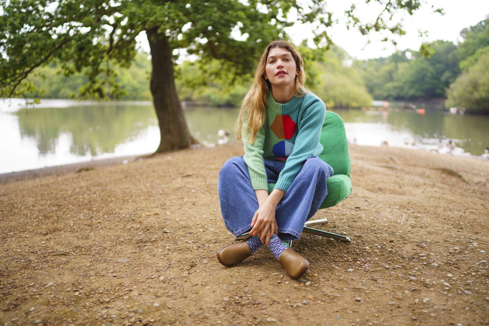 Donna Wilson Green Lambswool Half and Half Jumper